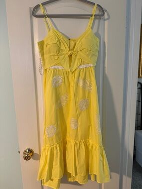 Lilly Pulitzer Yellow Embroidered Leaf Sundress with Front Tie